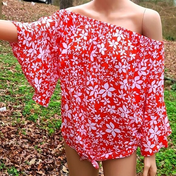 Lane Bryant orange floral off the shoulder blouse - Picture 1 of 9